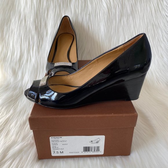 Coach Black Patent "Palace" Peep Toe Wedge Sz 7.5 - Picture 6 of 6